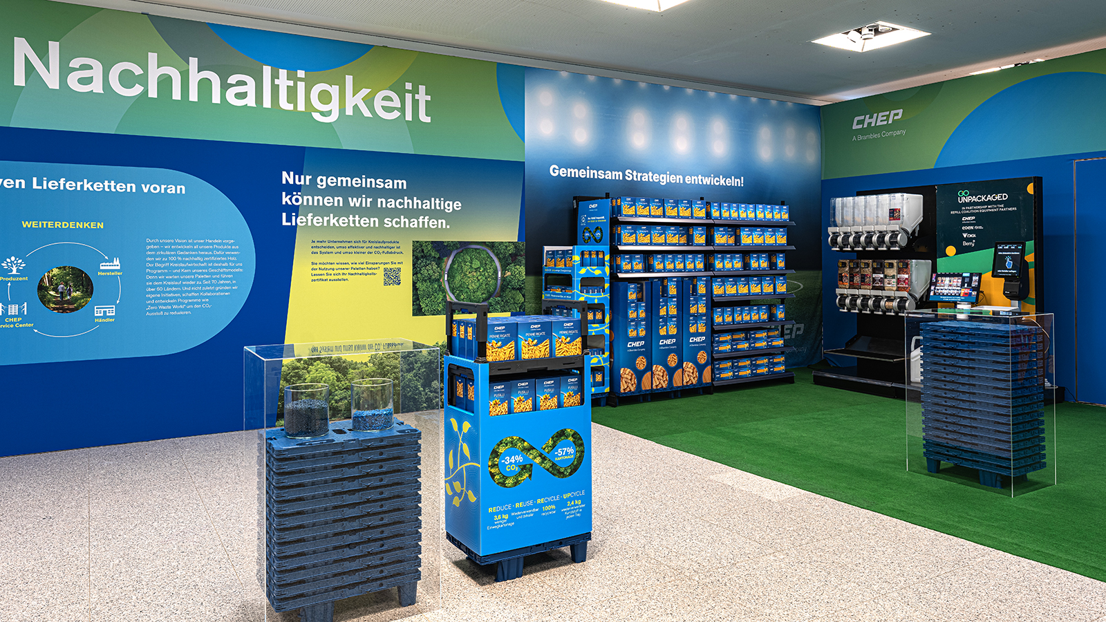 Nachhaltigkeits-Ausstellung beim CHEP Supplier Day mit Infowänden, Displays und Zero-Waste-Verpackungslösungen